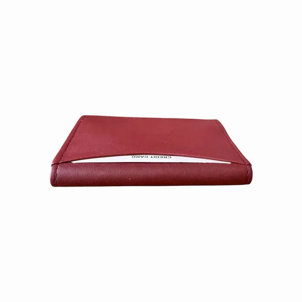 Vintage Genuine Leather Card Holder Burgundy Red ID Credit Card Wallet NOS